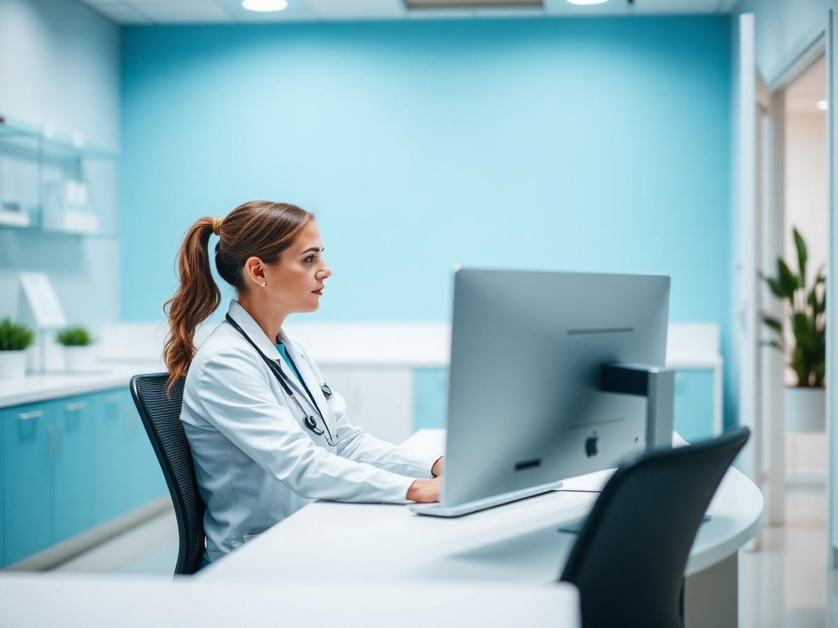 Clinic coordinator working at a desktop workstation